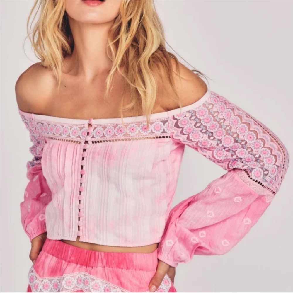LoveShackFancy Pink Embroidered Off-Shoulder Crop Top